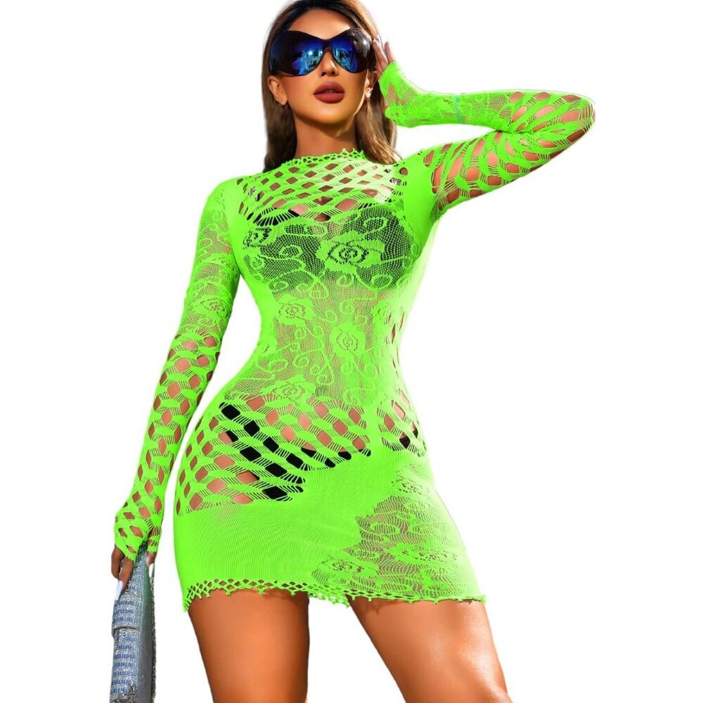 Women’s Neon Green Fishnet Long Sleeve Bodycon Dress Hollow Out Mini